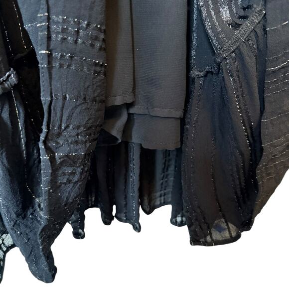 Elan Shimmer Stripe Black Tiered Midi Dress Long Sleeve Tie Neck size Medium - Picture 5 of 8